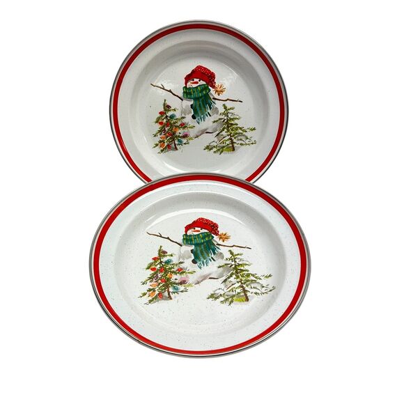 Hallmark VTG Mitford Snowman 10” Enamel Serving Plate Bowl (2) Christmas Holiday - Picture 1 of 6